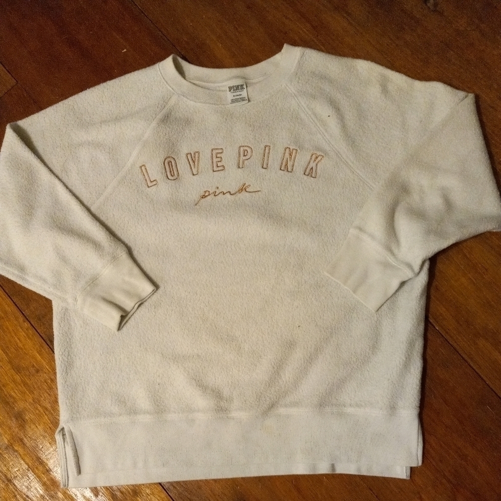 PINK Victoria Secret " LOVE PINK" Ivory Fleece  Crop Sweatshirt M